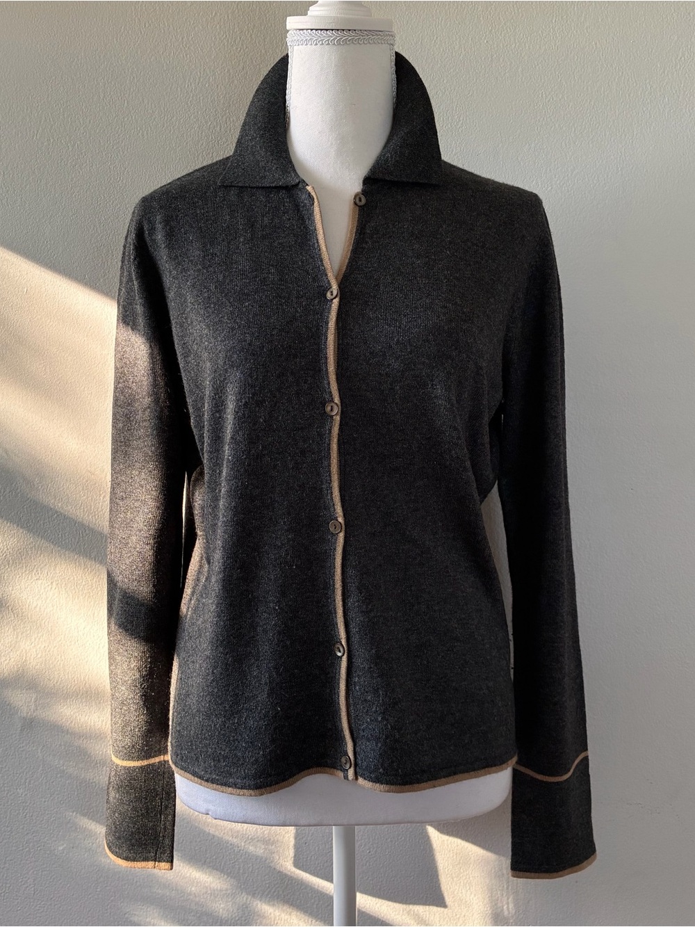 Kenar Dark Charcoal Cardigan with Tan Contrast Trim  
Silk, Cashmere, Rabbithair